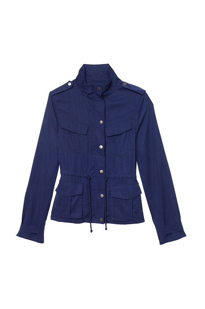 navy collared jacket with drawstring waist